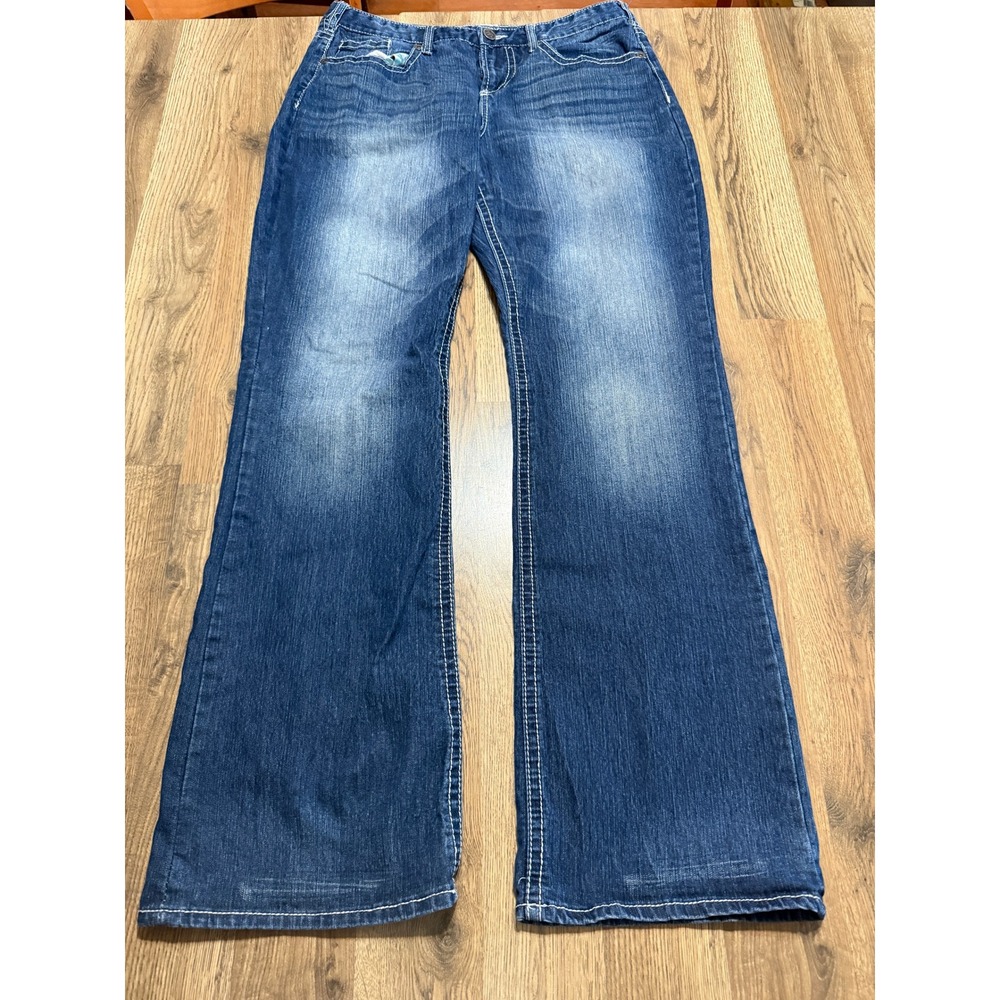 Maurices Jeans Womens Size 11/12 Blue Denim Flare Long Bootcut Contrast Stitch